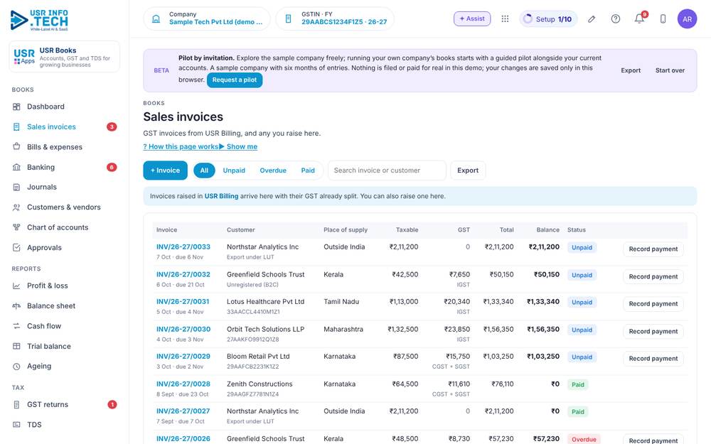 USR Books, Sales invoices screen