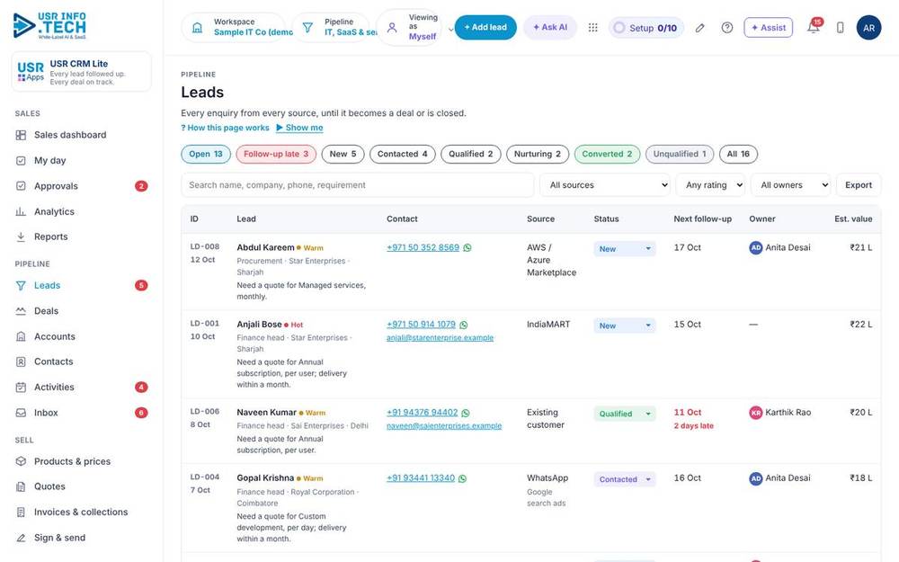 USR CRM Lite, Leads screen