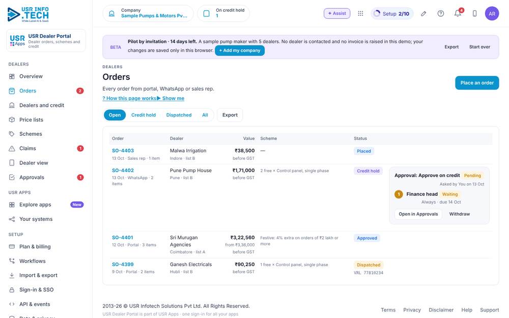 USR Dealer Portal, Orders screen