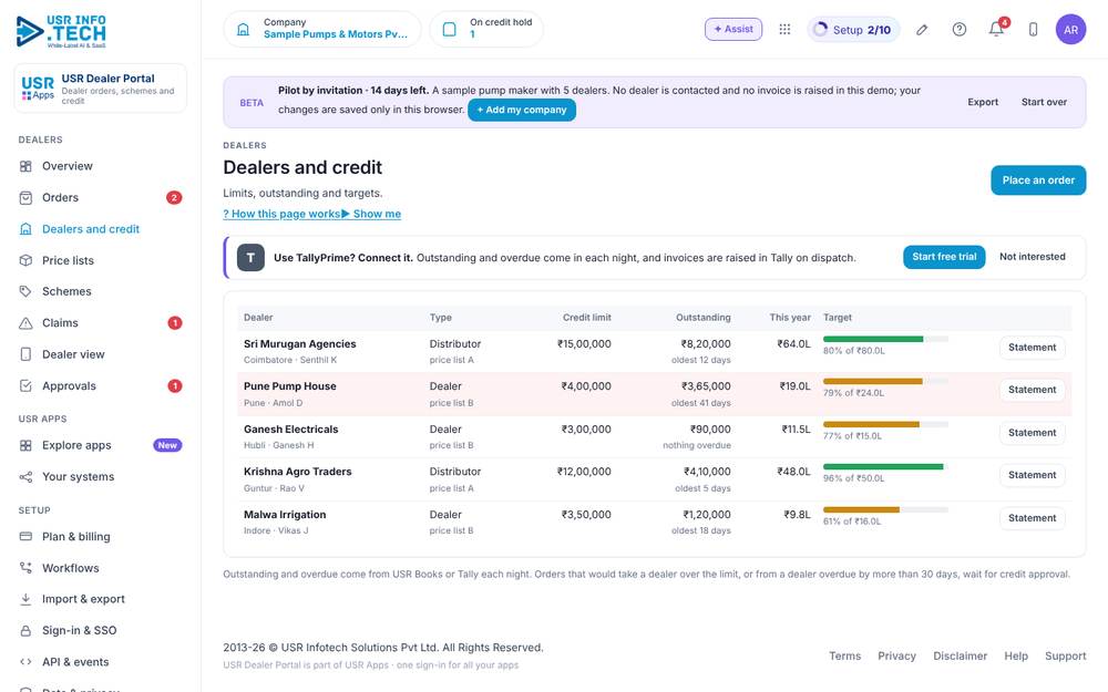 USR Dealer Portal, Dealers and credit screen