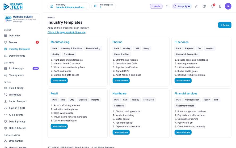 USR Demo Studio, Industry templates screen