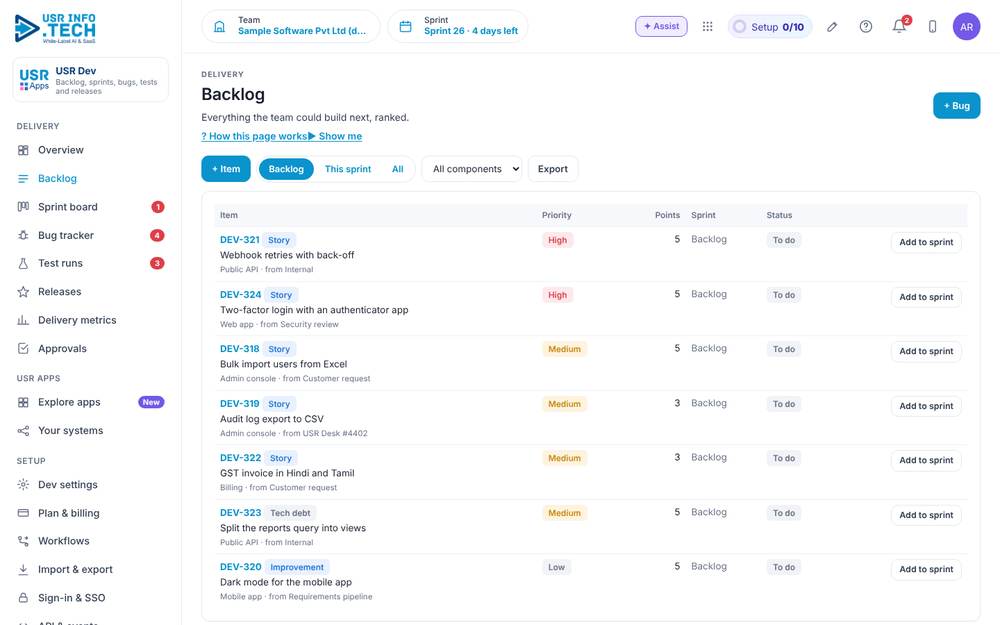 USR Dev, Backlog screen