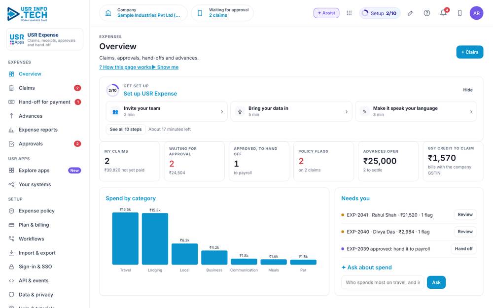 USR Expense home screen with sample data