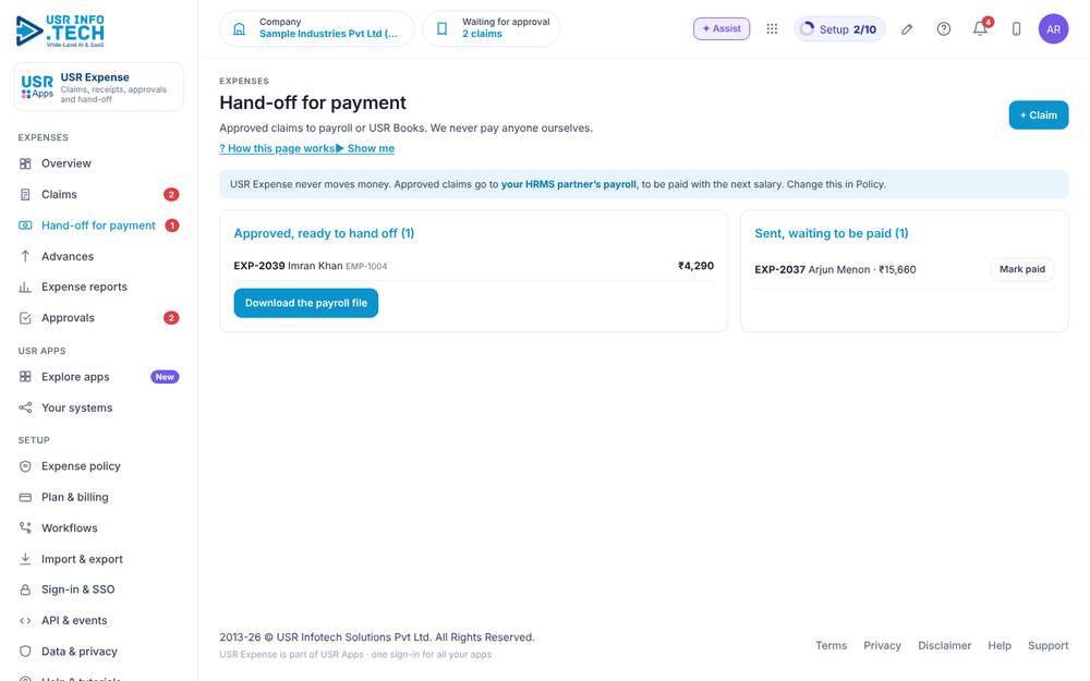 USR Expense, Hand-off for payment screen