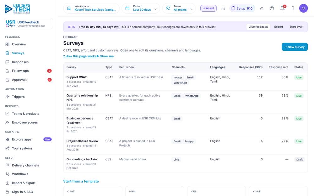 USR Feedback, Surveys screen