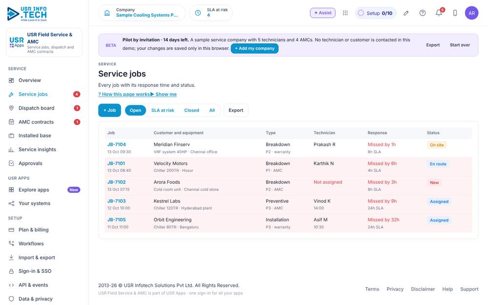 USR Field Service & AMC, Service jobs screen