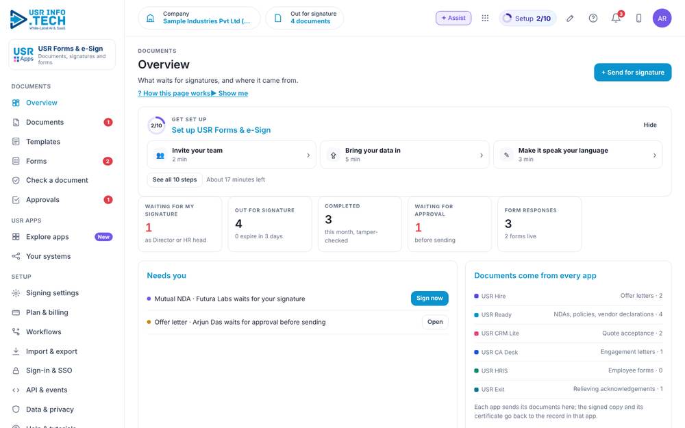 USR Forms & e-Sign home screen with sample data