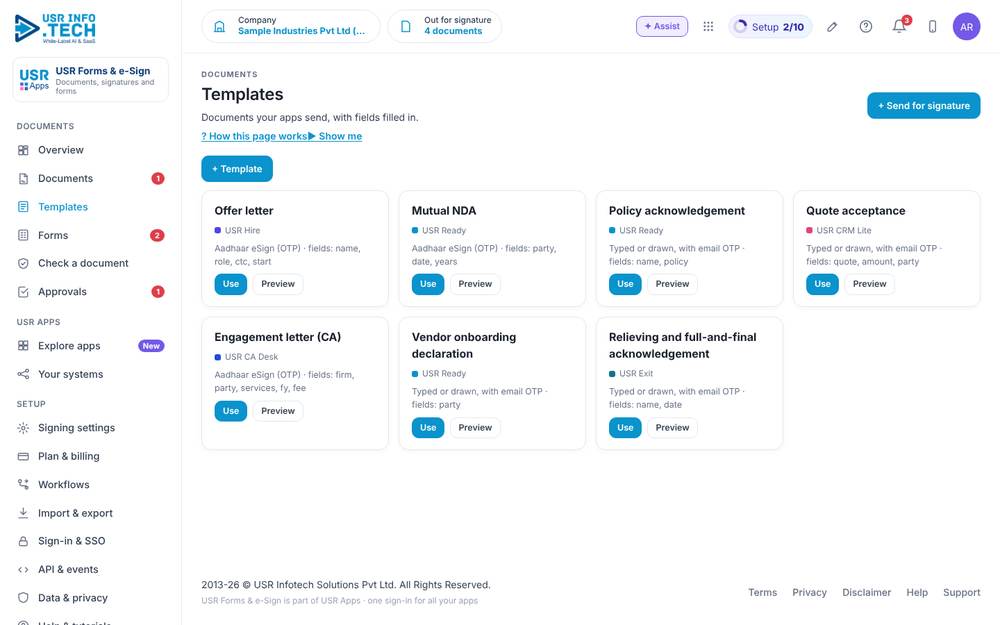 USR Forms & e-Sign, Templates screen