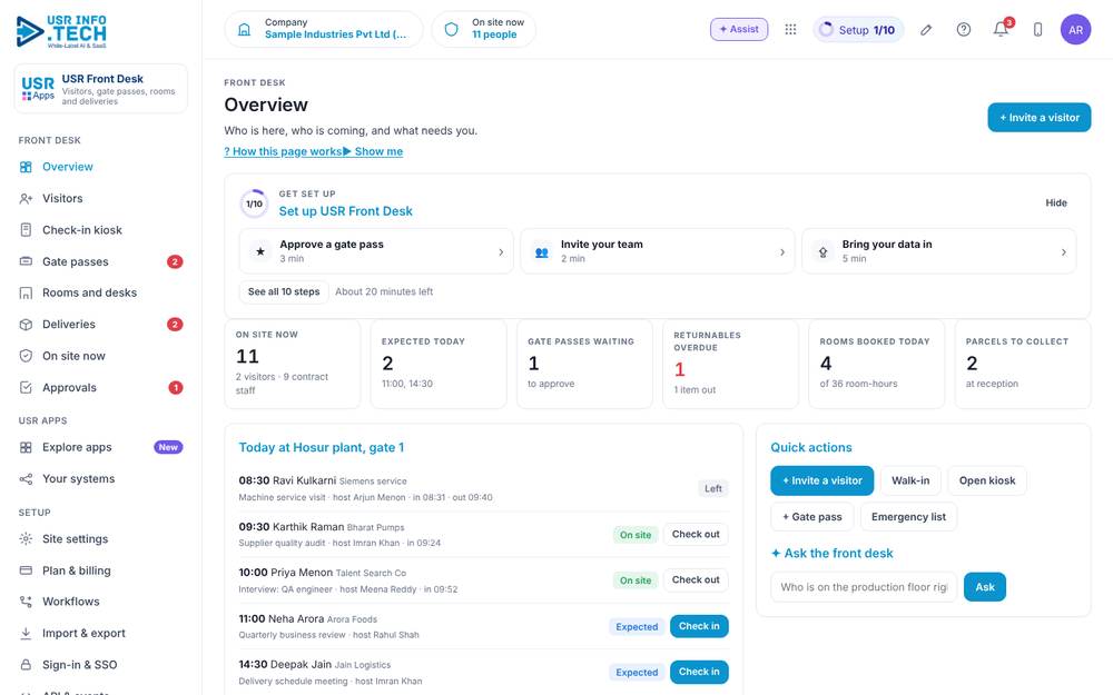USR Front Desk home screen with sample data