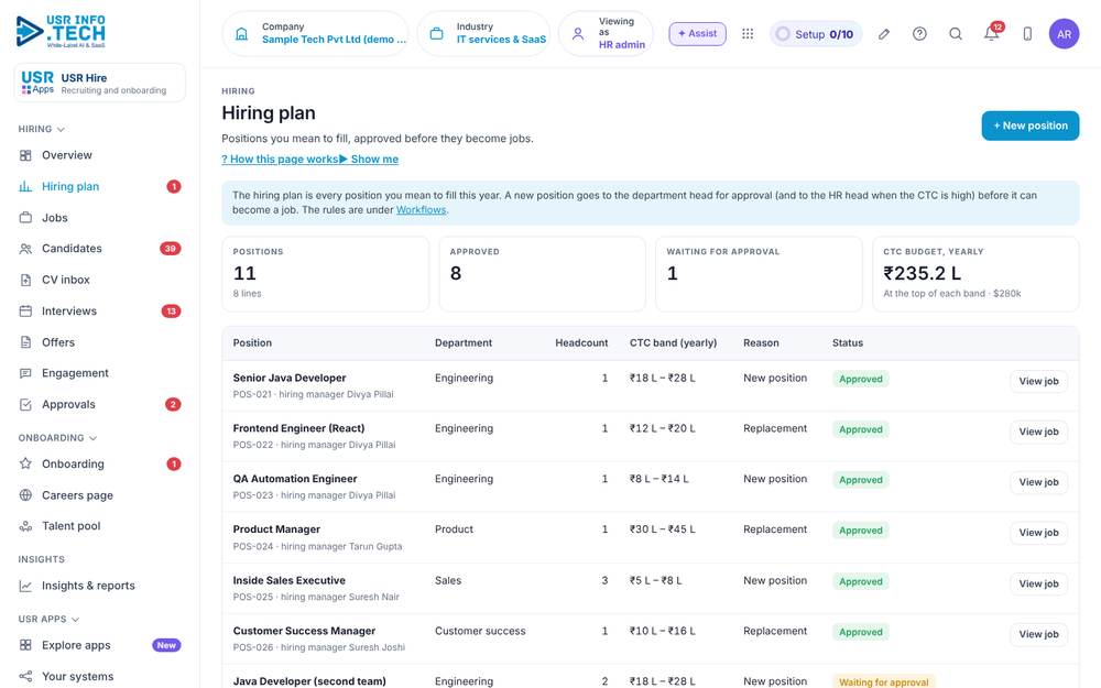 USR Hire, Hiring plan screen
