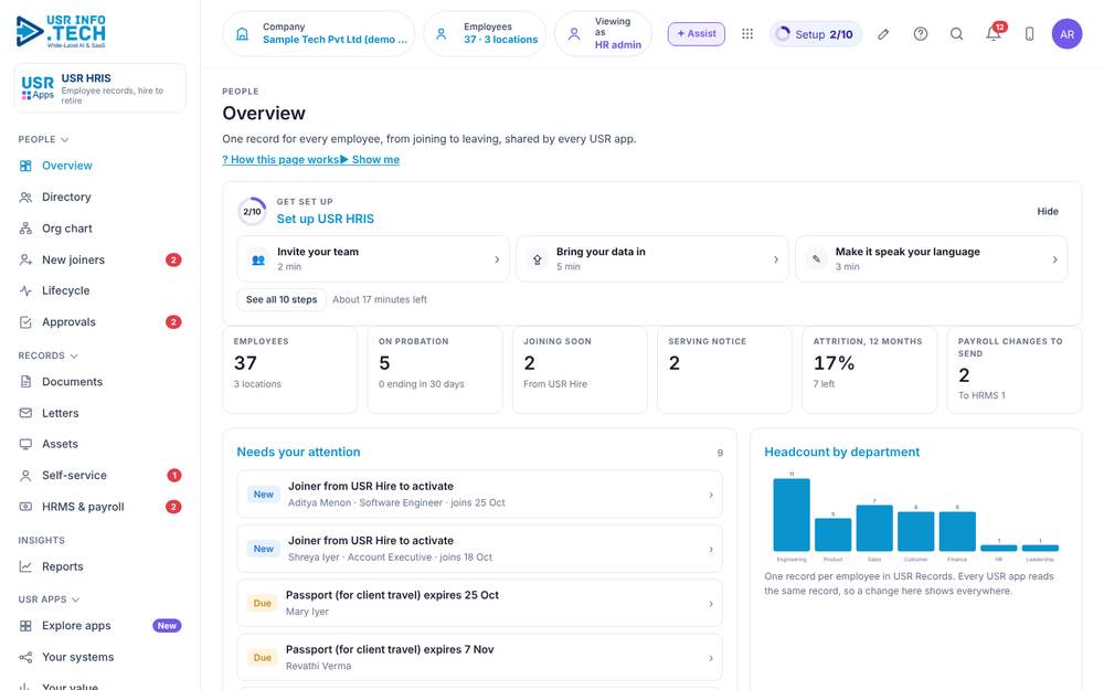USR HRIS home screen with sample data