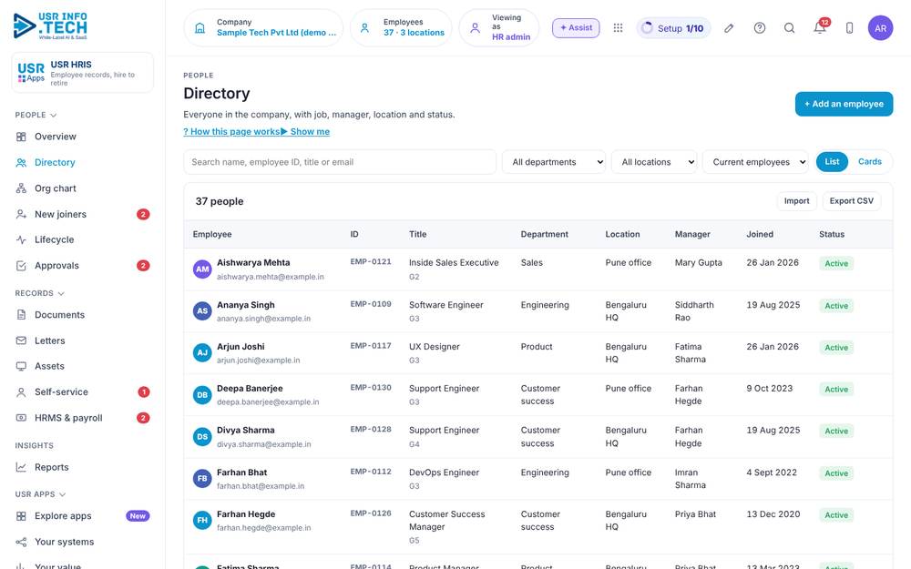 USR HRIS, Directory screen