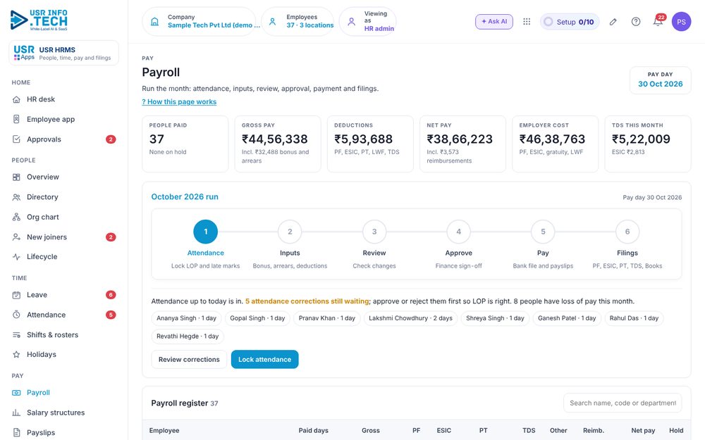 USR HRMS payroll screen with sample data