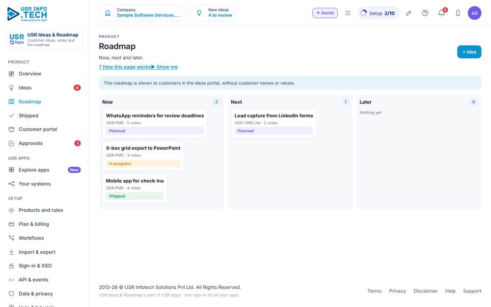 USR Ideas & Roadmap, Roadmap screen