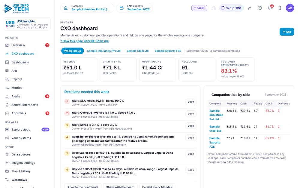 USR Insights, CXO dashboard screen