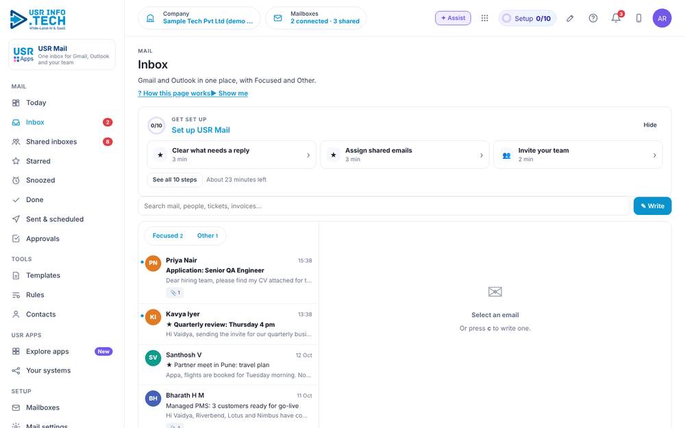 USR Mail, Inbox screen