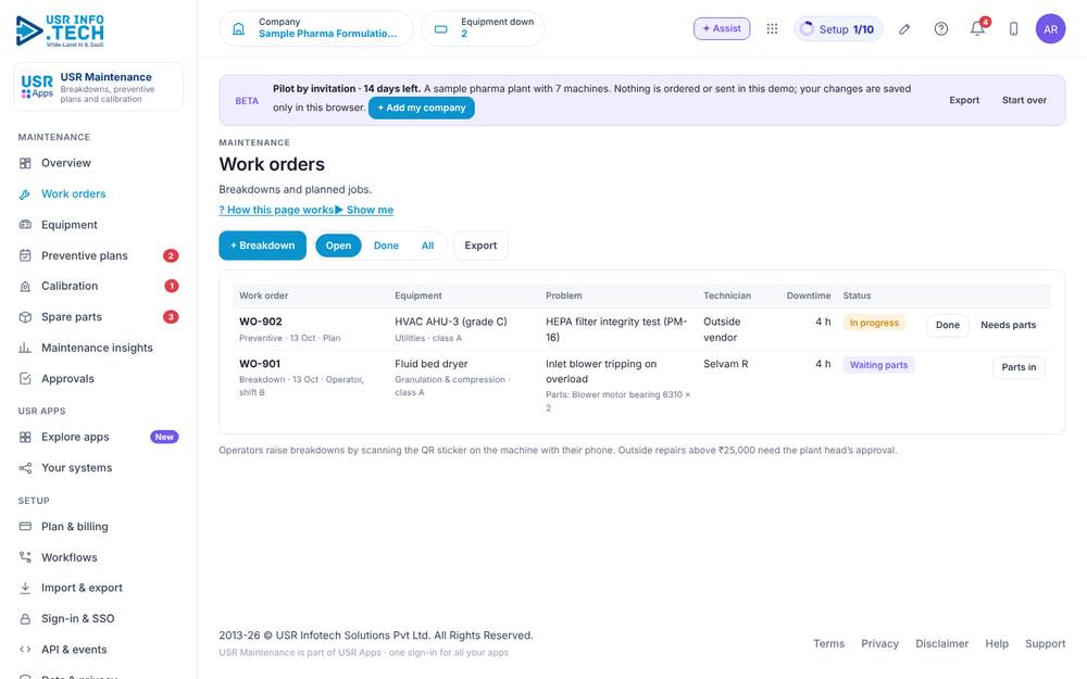USR Maintenance, Work orders screen