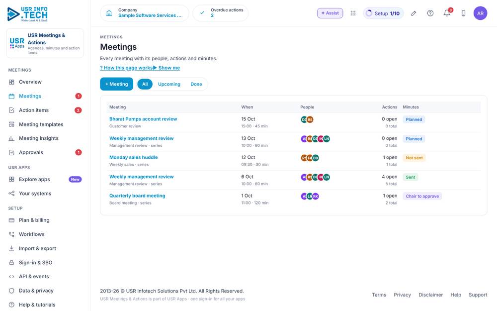 USR Meetings & Actions, Meetings screen