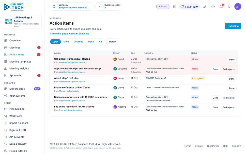USR Meetings & Actions, Action items screen