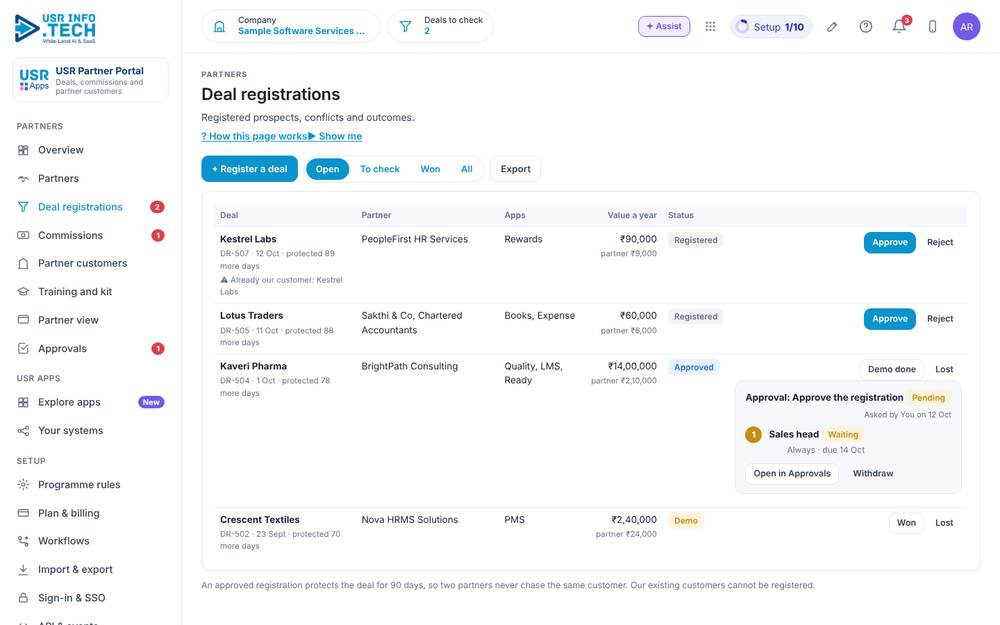 USR Partner Portal, Deal registrations screen