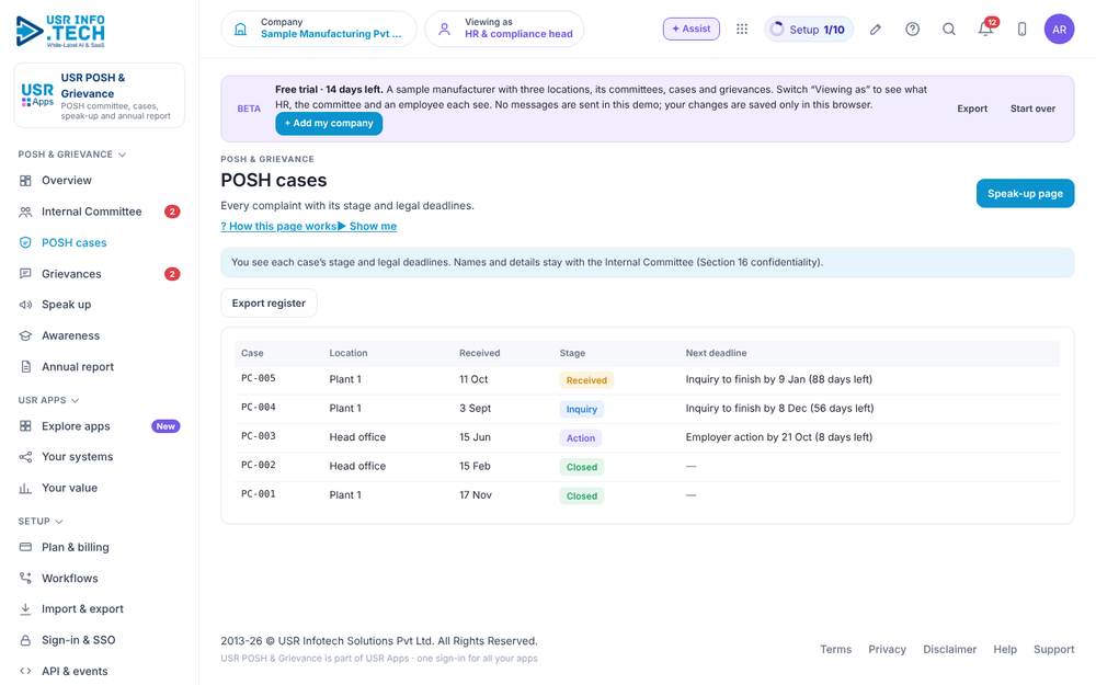 USR POSH & Grievance, POSH cases screen