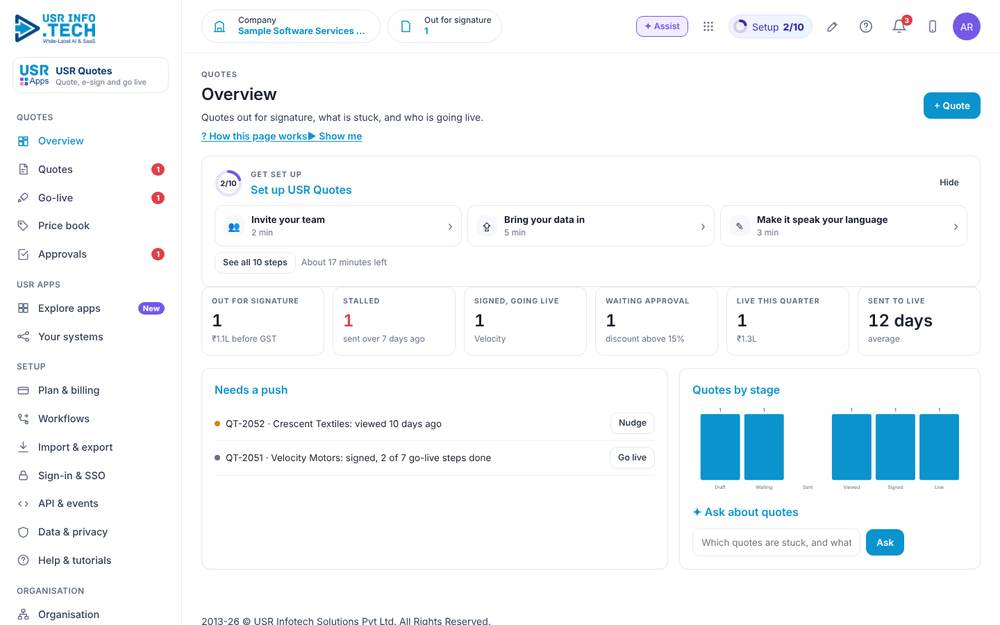 USR Quotes home screen with sample data