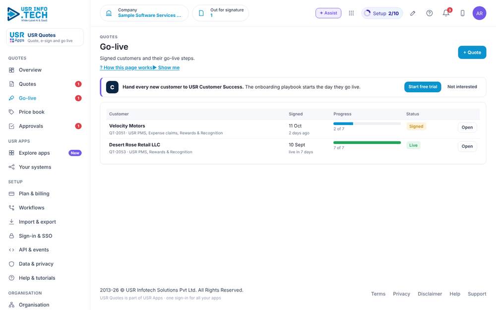 USR Quotes, Go-live screen