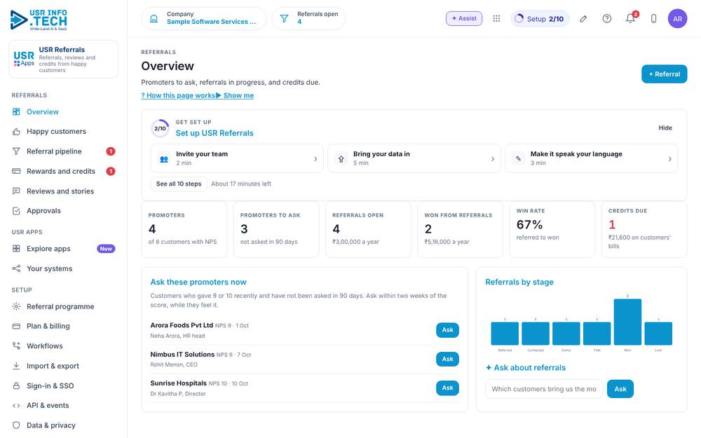 USR Referrals home screen with sample data