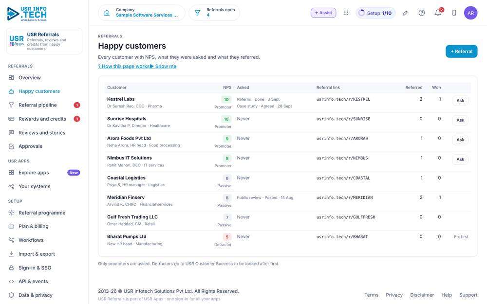 USR Referrals, Happy customers screen