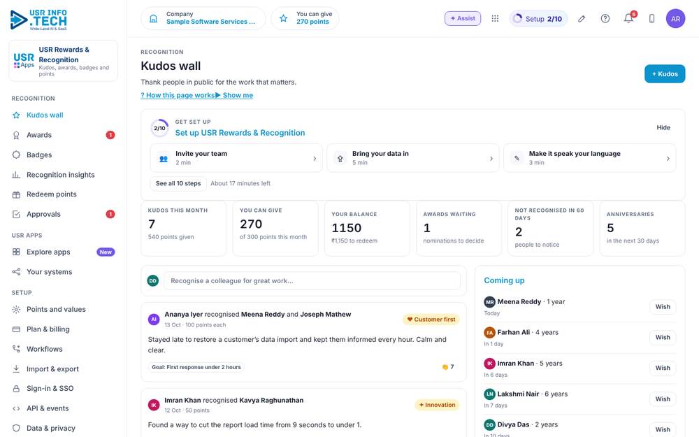 USR Rewards & Recognition home screen with sample data