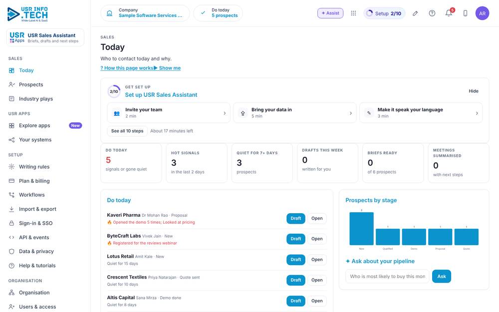 USR Sales Assistant home screen with sample data