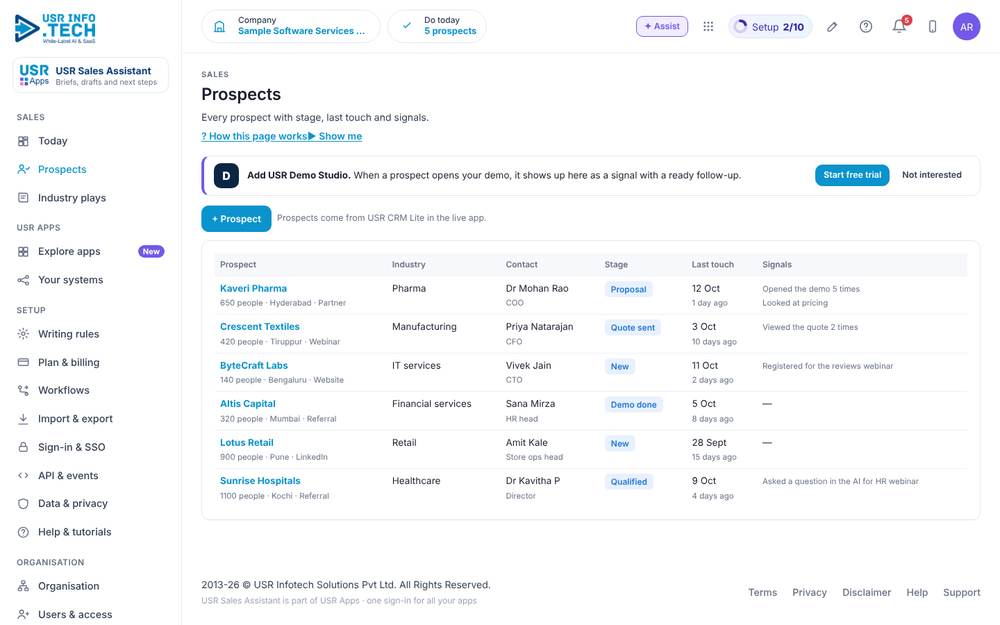 USR Sales Assistant, Prospects screen