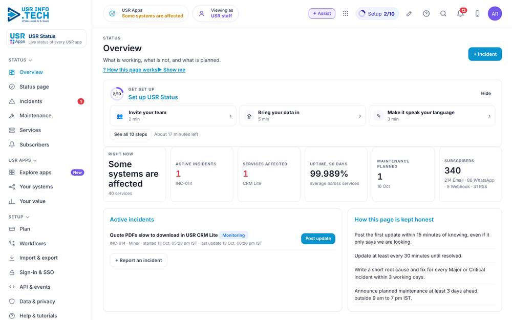 USR Status home screen with sample data