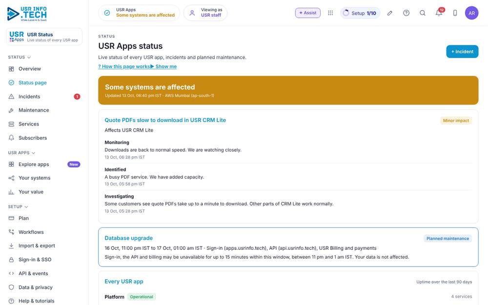 USR Status, Status page screen