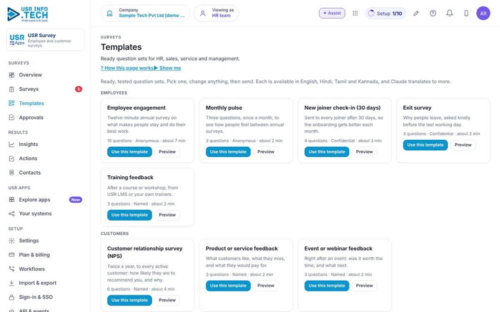 USR Survey, Templates screen