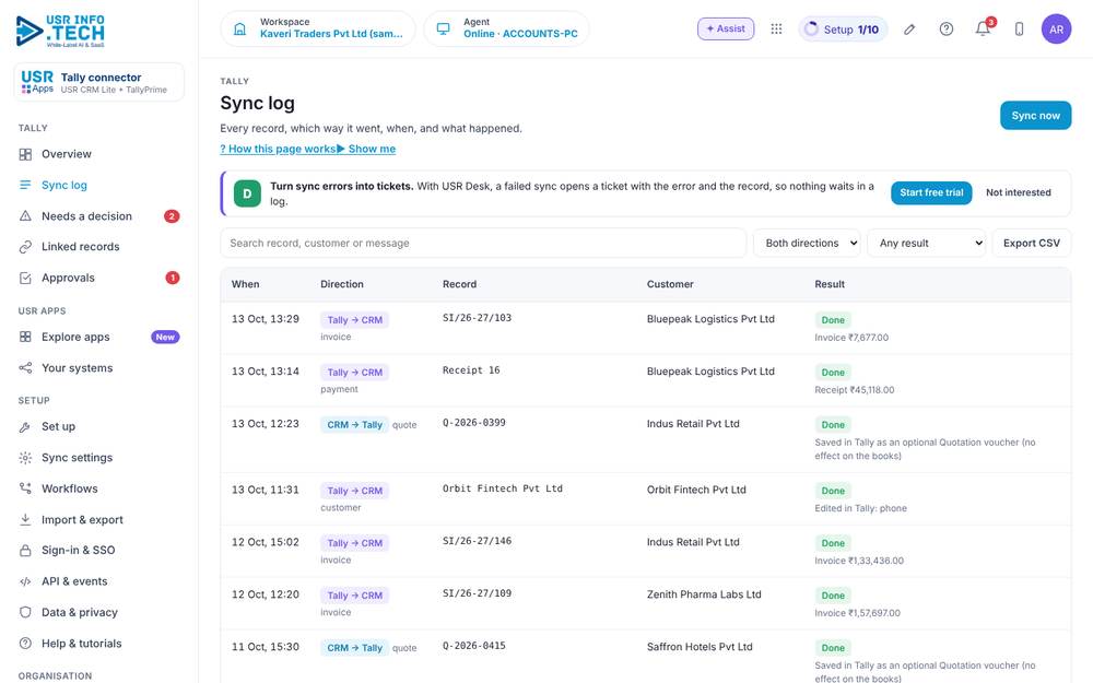 USR Tally, Sync log screen