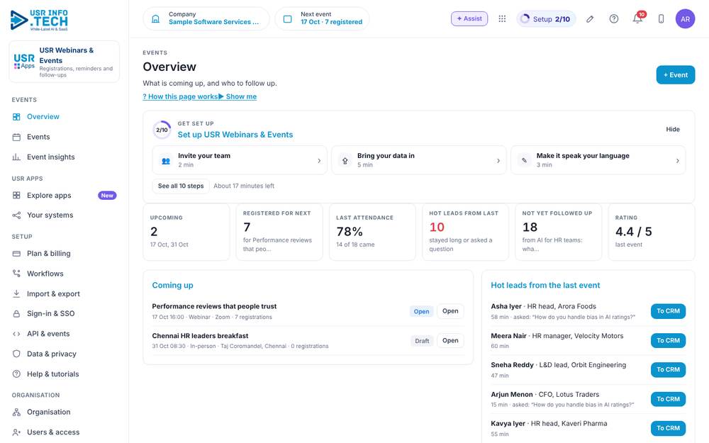 USR Webinars & Events home screen with sample data