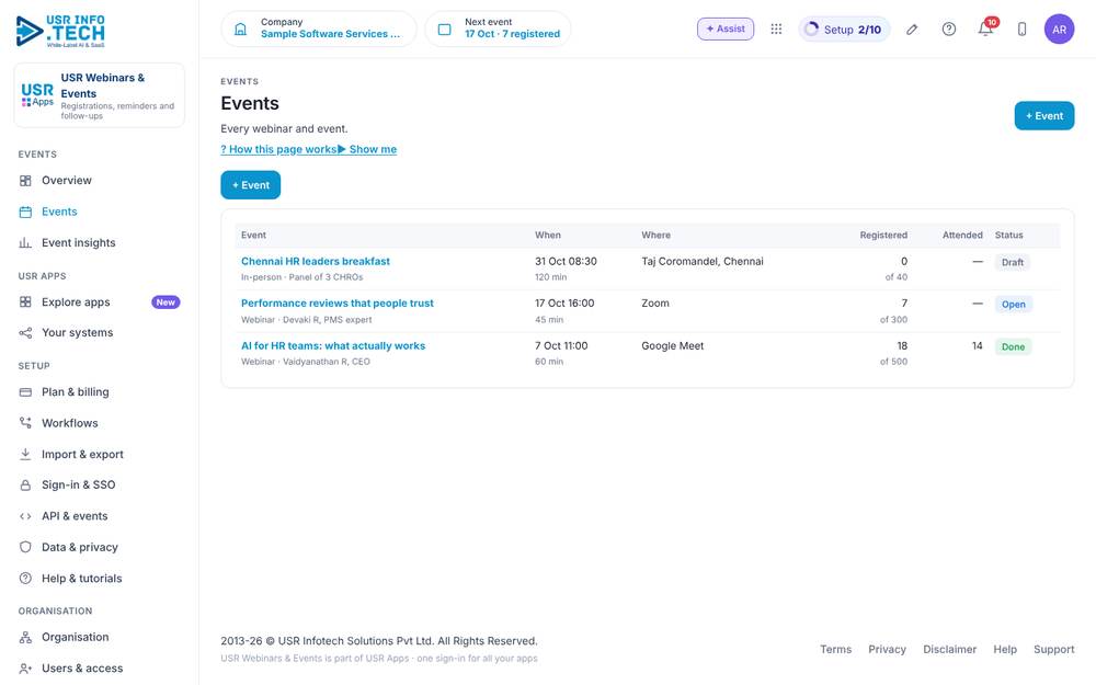 USR Webinars & Events, Events screen
